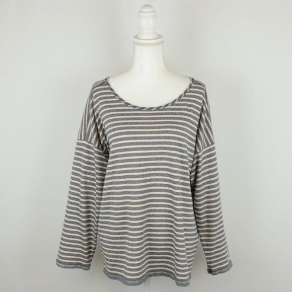 Madewell Chart Women's Large Blue Cream Stripe Scoop Neck 3/4 Sleeve Knit Blouse - Picture 1 of 8